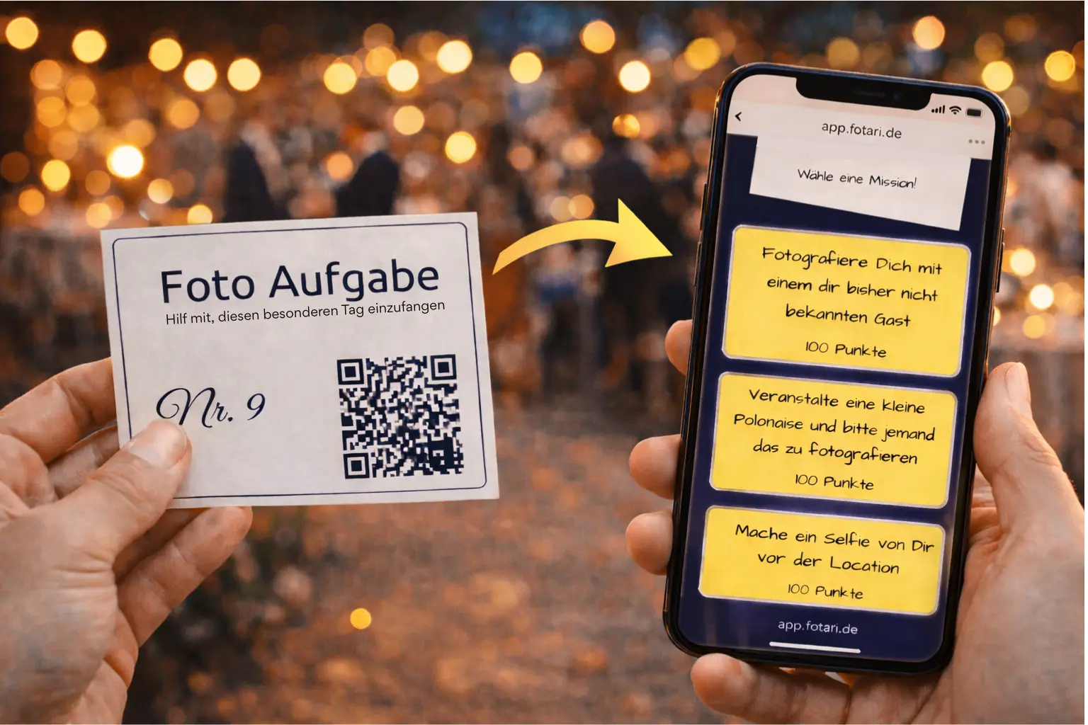 Eine Fotari-Aufgabenkarte wird gehalten – daneben ein Smartphone mit Foto-Aufgaben.
